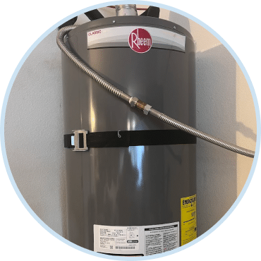 Close-up of Rheem hot water heater during expert water heater service in Las Vegas
